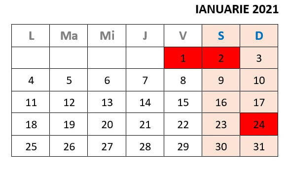 calendar zile libere ianuarie 2021